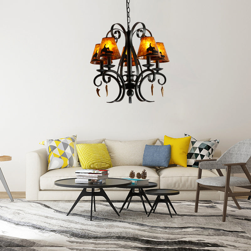 5 Bulbs Dining Room Ceiling Lamp Country Metal Black Chandelier Pendant Light with Cone Fabric Shade Clearhalo 'Ceiling Lights' 'Chandeliers' Lighting' options 228202