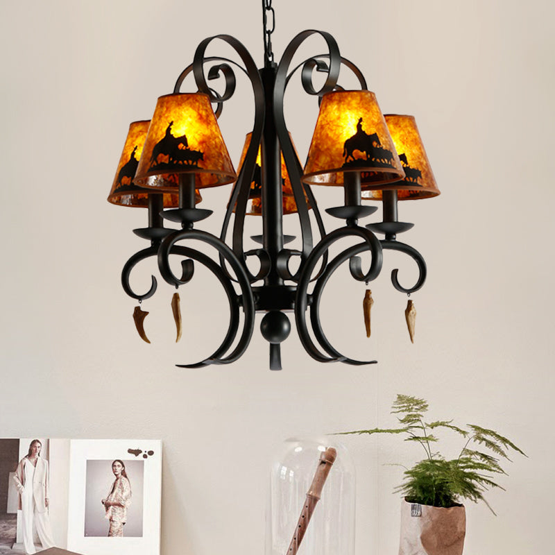 5 Bulbs Dining Room Ceiling Lamp Country Metal Black Chandelier Pendant Light with Cone Fabric Shade Clearhalo 'Ceiling Lights' 'Chandeliers' Lighting' options 228203