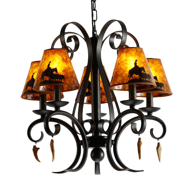 5 Bulbs Dining Room Ceiling Lamp Country Metal Black Chandelier Pendant Light with Cone Fabric Shade Clearhalo 'Ceiling Lights' 'Chandeliers' Lighting' options 228204