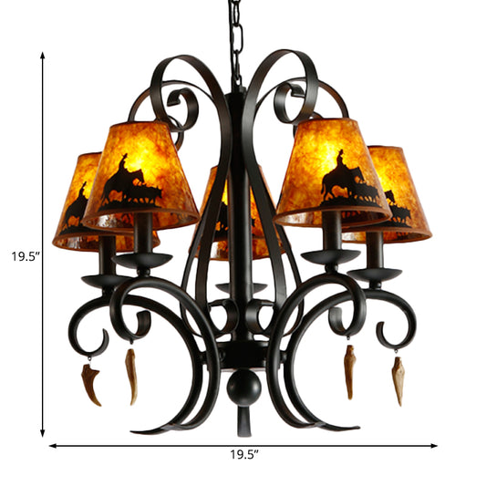5 Bulbs Dining Room Ceiling Lamp Country Metal Black Chandelier Pendant Light with Cone Fabric Shade Clearhalo 'Ceiling Lights' 'Chandeliers' Lighting' options 228205