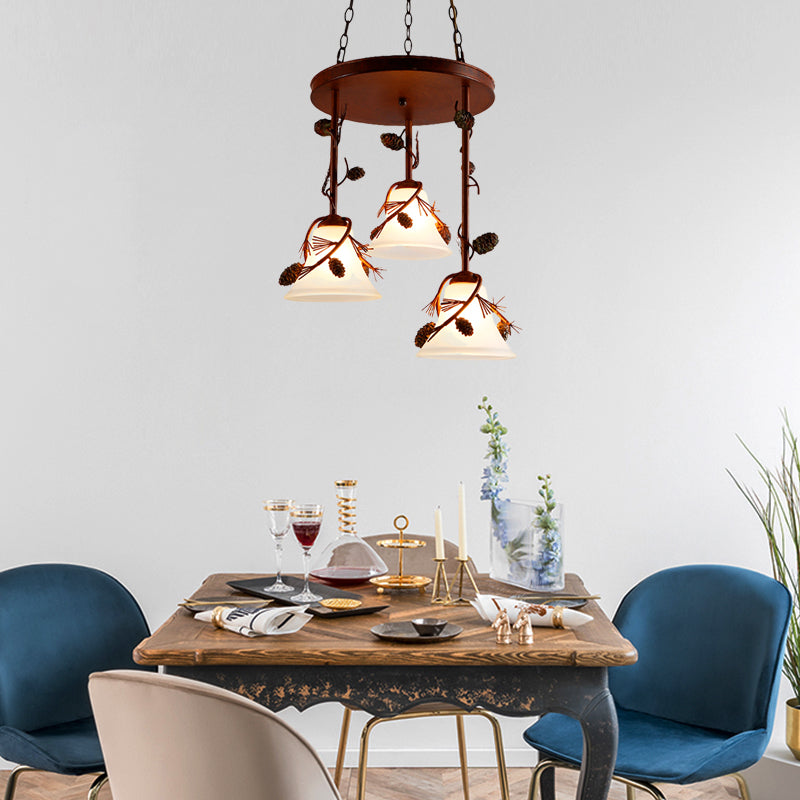 Bell Metal Chandelier Light Country 3 Lights Dining Room Pendant Lighting in Red Brown Clearhalo 'Ceiling Lights' 'Chandeliers' Lighting' options 228216