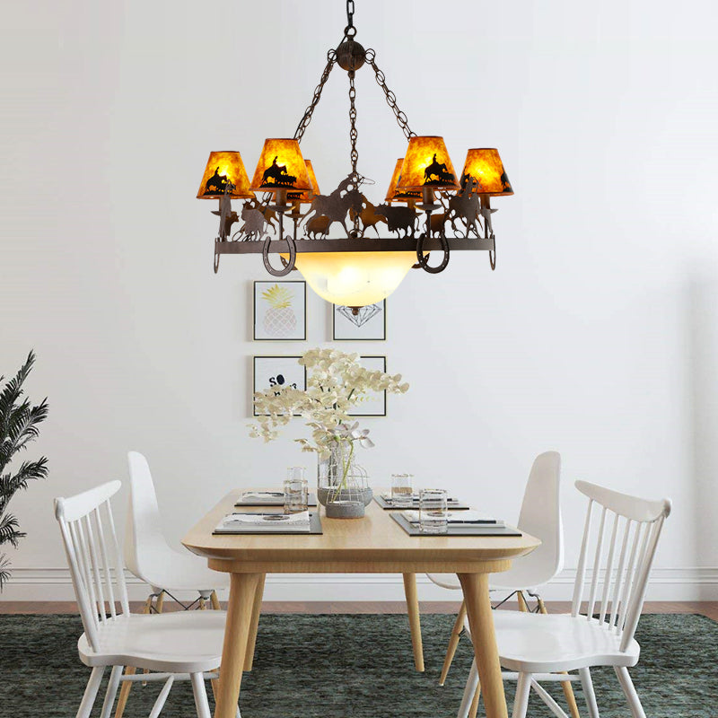 Empire Shade Dining Room Pendant Chandelier Country Metal 9 Lights Brown Hanging Fixture Clearhalo 'Ceiling Lights' 'Chandeliers' Lighting' options 228226