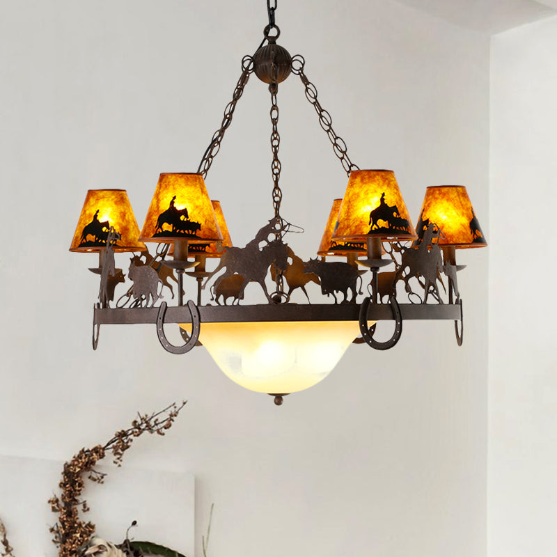 Empire Shade Dining Room Pendant Chandelier Country Metal 9 Lights Brown Hanging Fixture Clearhalo 'Ceiling Lights' 'Chandeliers' Lighting' options 228227