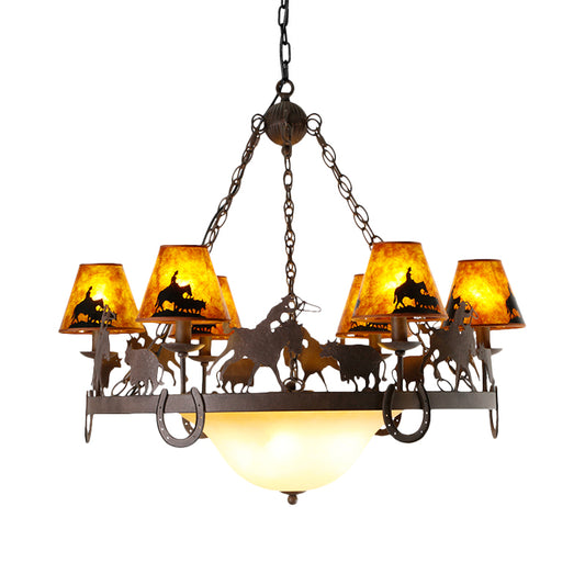 Empire Shade Dining Room Pendant Chandelier Country Metal 9 Lights Brown Hanging Fixture Clearhalo 'Ceiling Lights' 'Chandeliers' Lighting' options 228228