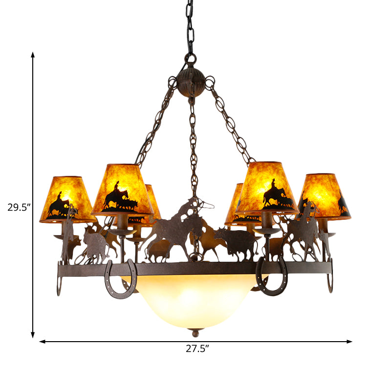 Empire Shade Dining Room Pendant Chandelier Country Metal 9 Lights Brown Hanging Fixture Clearhalo 'Ceiling Lights' 'Chandeliers' Lighting' options 228229