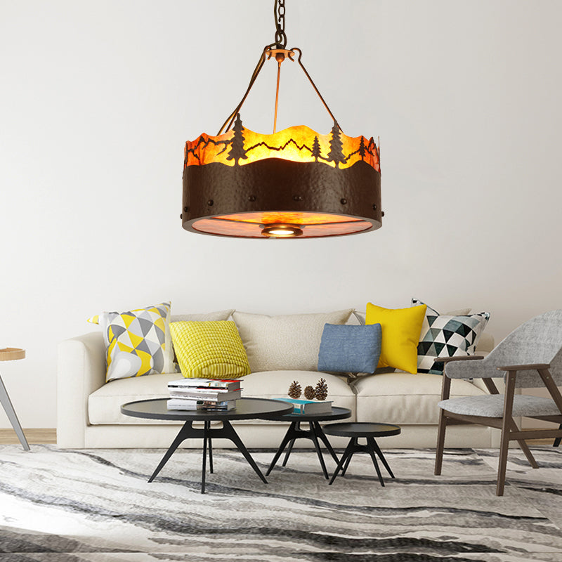 Brown 3 Lights Chandelier Light Fixture Rustic Metal Drum Pendant Lamp with Trees Pattern Brown Clearhalo 'Ceiling Lights' 'Chandeliers' Lighting' options 228231_eec0c891-fa58-4aa5-ac0c-18cbb86551de