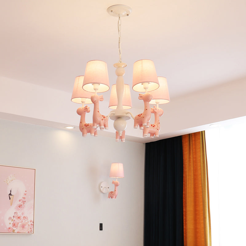 Sika Deer Hanging Ceiling Light Cartoon Resin Chandelier with Tapered Fabric Shade Clearhalo 'Ceiling Lights' 'Chandeliers' Lighting' options 2282327