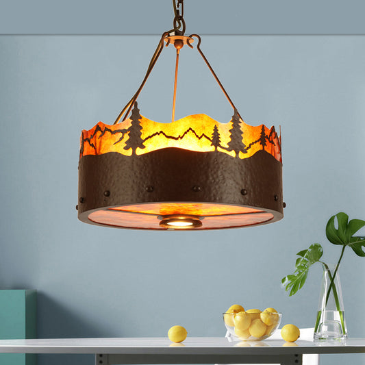Brown 3 Lights Chandelier Light Fixture Rustic Metal Drum Pendant Lamp with Trees Pattern Clearhalo 'Ceiling Lights' 'Chandeliers' Lighting' options 228232