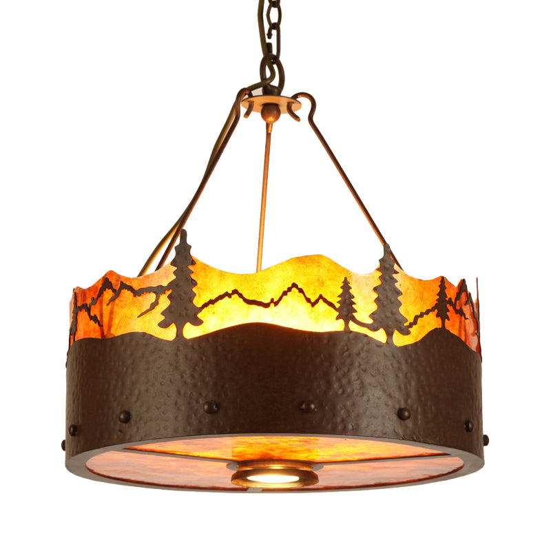 Brown 3 Lights Chandelier Light Fixture Rustic Metal Drum Pendant Lamp with Trees Pattern Clearhalo 'Ceiling Lights' 'Chandeliers' Lighting' options 228233