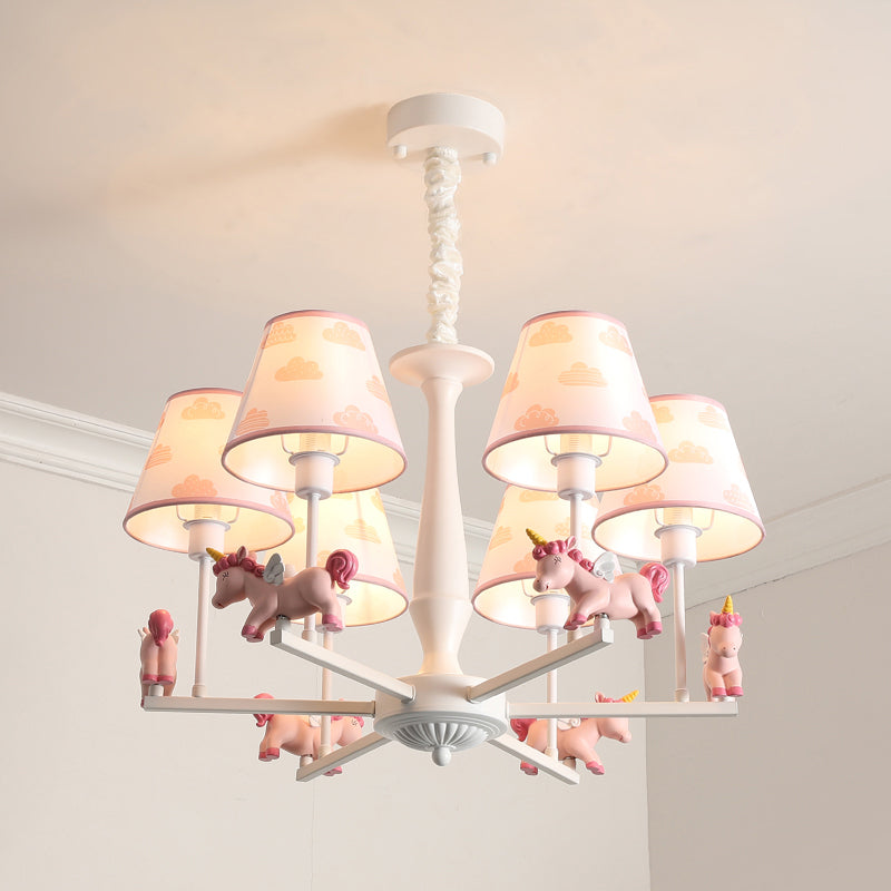 Print Fabric Conical Hanging Light Kids Style Pink Chandelier Light Fixture with Unicorn Deco 6 Pink Clearhalo 'Ceiling Lights' 'Chandeliers' Lighting' options 2282339_b864f986-2d87-49fc-9ce6-570a506167ce