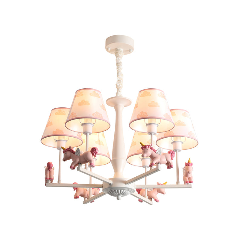 Print Fabric Conical Hanging Light Kids Style Pink Chandelier Light Fixture with Unicorn Deco Clearhalo 'Ceiling Lights' 'Chandeliers' Lighting' options 2282341