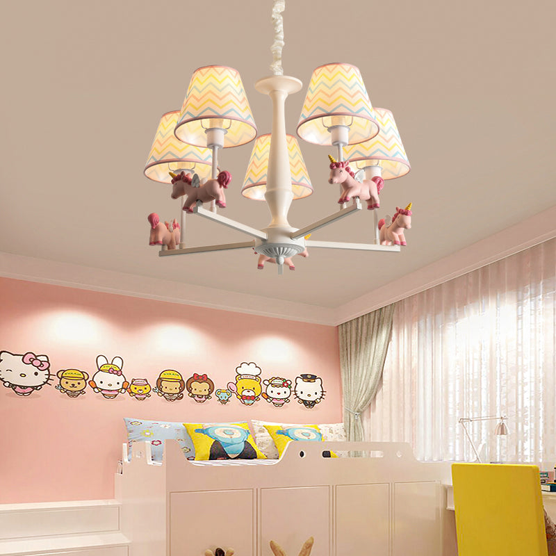 Print Fabric Conical Hanging Light Kids Style Pink Chandelier Light Fixture with Unicorn Deco 5 Pink Clearhalo 'Ceiling Lights' 'Chandeliers' Lighting' options 2282342_ad5d72e0-2c7c-4a2a-92f6-3e6d7e5dcc7c