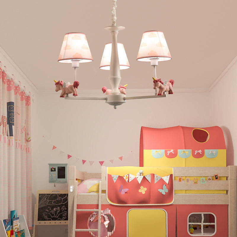 Print Fabric Conical Hanging Light Kids Style Pink Chandelier Light Fixture with Unicorn Deco Clearhalo 'Ceiling Lights' 'Chandeliers' Lighting' options 2282343