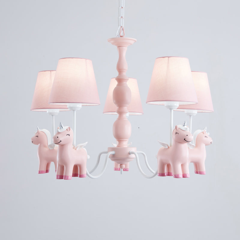 Conic Childrens Bedroom Chandelier Fabric Cartoon Style Pendant Light with Resin Unicorn Deco Clearhalo 'Ceiling Lights' 'Chandeliers' Lighting' options 2282347