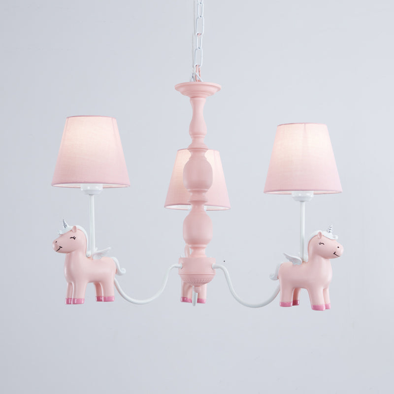 Conic Childrens Bedroom Chandelier Fabric Cartoon Style Pendant Light with Resin Unicorn Deco 3 Pink Clearhalo 'Ceiling Lights' 'Chandeliers' Lighting' options 2282348_aabb9e12-c81e-4aba-9b23-a1fcf64f75fb