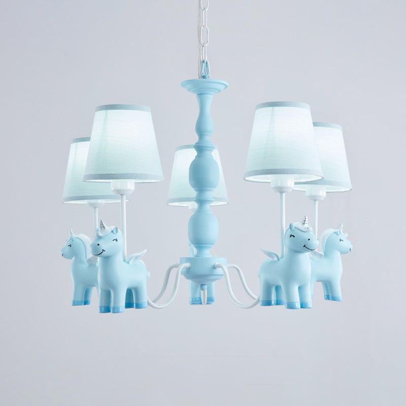 Conic Childrens Bedroom Chandelier Fabric Cartoon Style Pendant Light with Resin Unicorn Deco Clearhalo 'Ceiling Lights' 'Chandeliers' Lighting' options 2282349