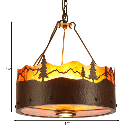 Brown 3 Lights Chandelier Light Fixture Rustic Metal Drum Pendant Lamp with Trees Pattern Clearhalo 'Ceiling Lights' 'Chandeliers' Lighting' options 228234
