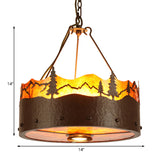 Brown 3 Lights Chandelier Light Fixture Rustic Metal Drum Pendant Lamp with Trees Pattern Clearhalo 'Ceiling Lights' 'Chandeliers' Lighting' options 228234