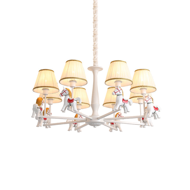 White Horse Chandelier Lamp Childrens Resin Ceiling Pendant Light with Tapered Pleated Fabric Shade Clearhalo 'Ceiling Lights' 'Chandeliers' Lighting' options 2282351