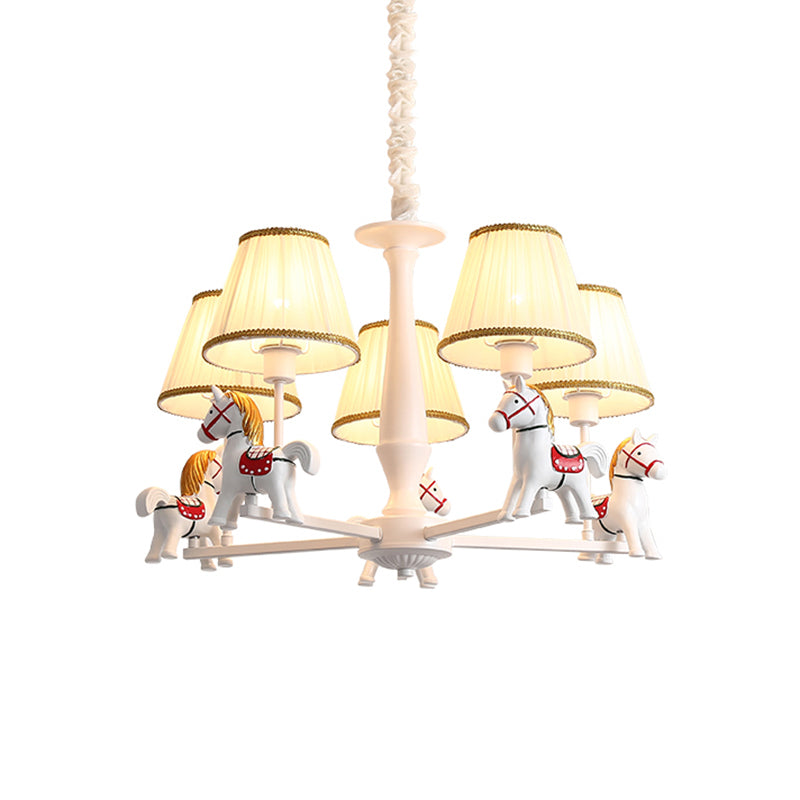 White Horse Chandelier Lamp Childrens Resin Ceiling Pendant Light with Tapered Pleated Fabric Shade Clearhalo 'Ceiling Lights' 'Chandeliers' Lighting' options 2282352