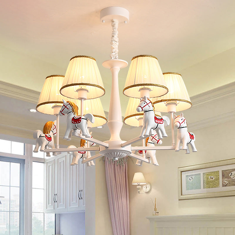 White Horse Chandelier Lamp Childrens Resin Ceiling Pendant Light with Tapered Pleated Fabric Shade Clearhalo 'Ceiling Lights' 'Chandeliers' Lighting' options 2282353