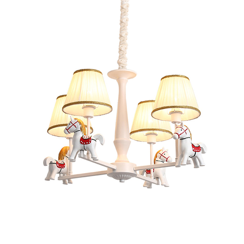 White Horse Chandelier Lamp Childrens Resin Ceiling Pendant Light with Tapered Pleated Fabric Shade Clearhalo 'Ceiling Lights' 'Chandeliers' Lighting' options 2282354