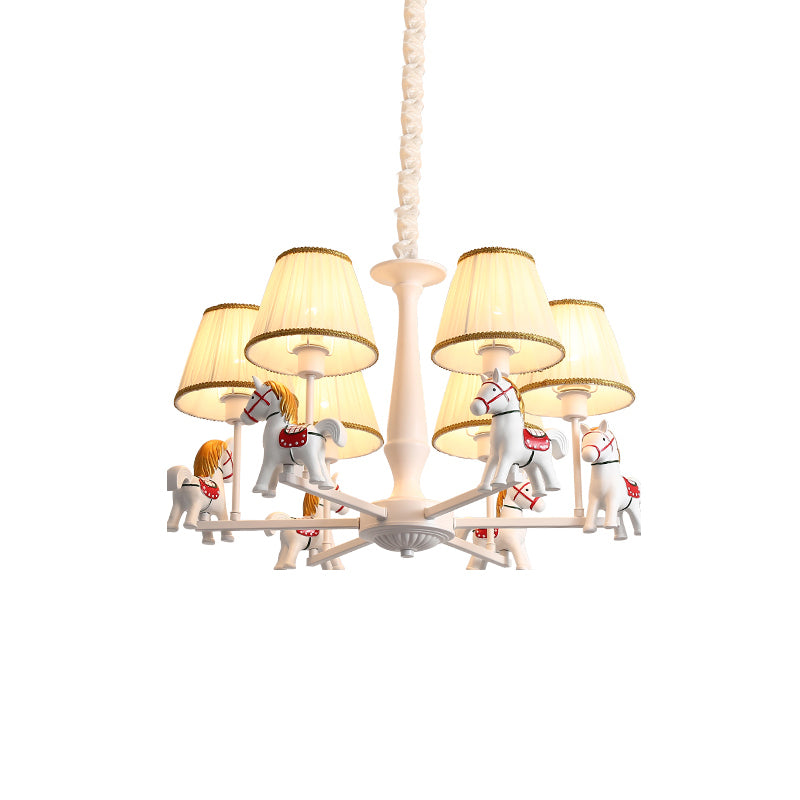 White Horse Chandelier Lamp Childrens Resin Ceiling Pendant Light with Tapered Pleated Fabric Shade 6 White Clearhalo 'Ceiling Lights' 'Chandeliers' Lighting' options 2282355_7e4c7fb9-9e09-4b6a-874e-c989d986e09f