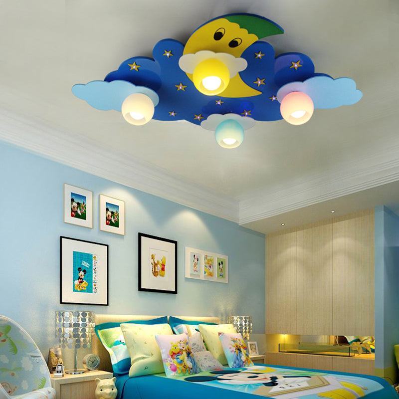 Cartoon Shape Wooden Ceiling Mounted Lamp Kids Style Blue Semi Flush Mount Lighting for Nursery Clearhalo 'Ceiling Lights' 'Close To Ceiling Lights' 'Close to ceiling' 'Glass shade' 'Glass' 'Pendant Lights' 'Semi-flushmount' Lighting' 2282399