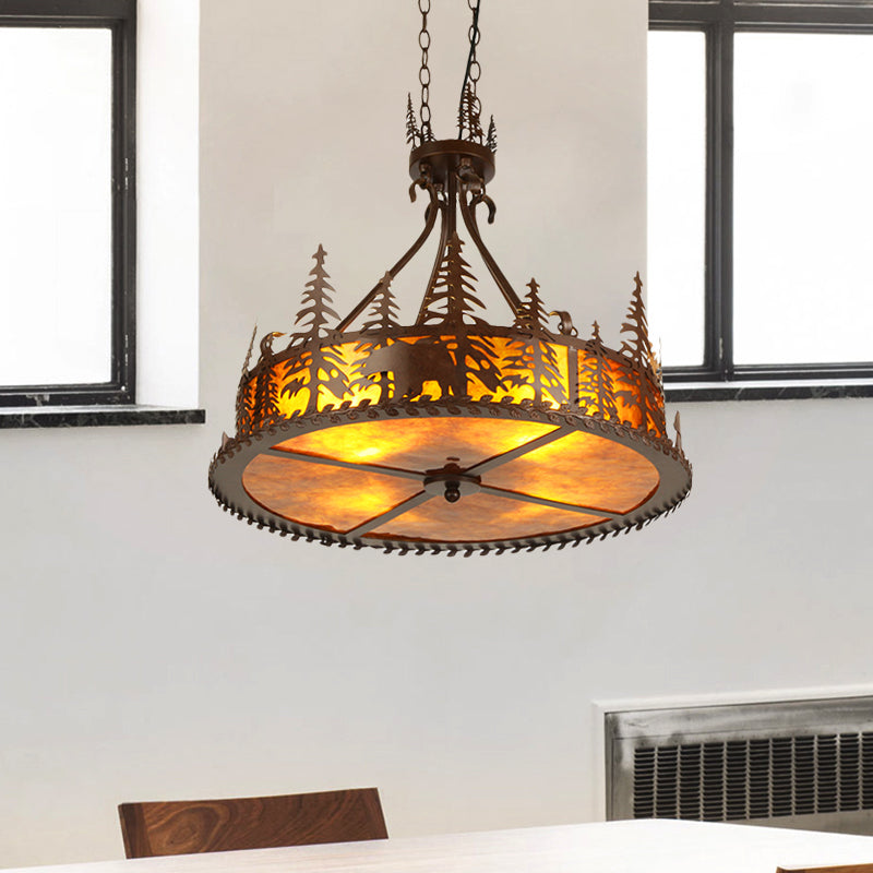 Brown Round Chandelier Lamp Country Metal 3 Lights Living Room Hanging Light with Tree Pattern Clearhalo 'Ceiling Lights' 'Chandeliers' Lighting' options 228242