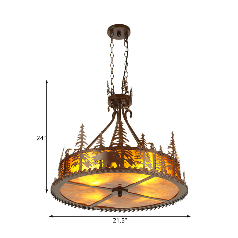 Brown Round Chandelier Lamp Country Metal 3 Lights Living Room Hanging Light with Tree Pattern Clearhalo 'Ceiling Lights' 'Chandeliers' Lighting' options 228244