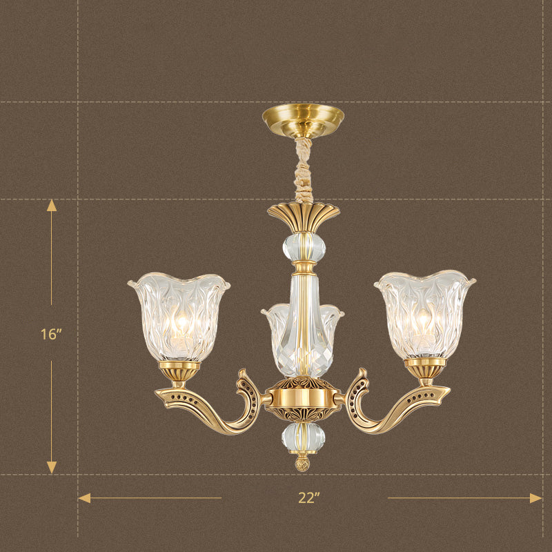 3 Lights Chandelier Lighting Antique Scalloped Clear Crystal Glass Suspension Lamp in Gold Clearhalo 'Ceiling Lights' 'Chandeliers' Lighting' options 2282450