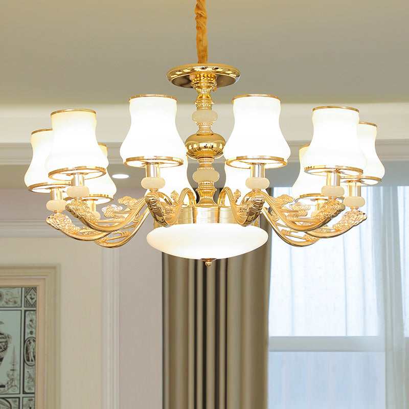 Gold Finish Ceiling Chandelier Transitional White Glass Curve Shade Pendant Lighting Clearhalo 'Ceiling Lights' 'Chandeliers' Lighting' options 2282453