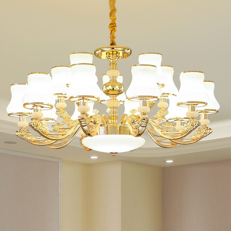 Gold Finish Ceiling Chandelier Transitional White Glass Curve Shade Pendant Lighting Clearhalo 'Ceiling Lights' 'Chandeliers' Lighting' options 2282455