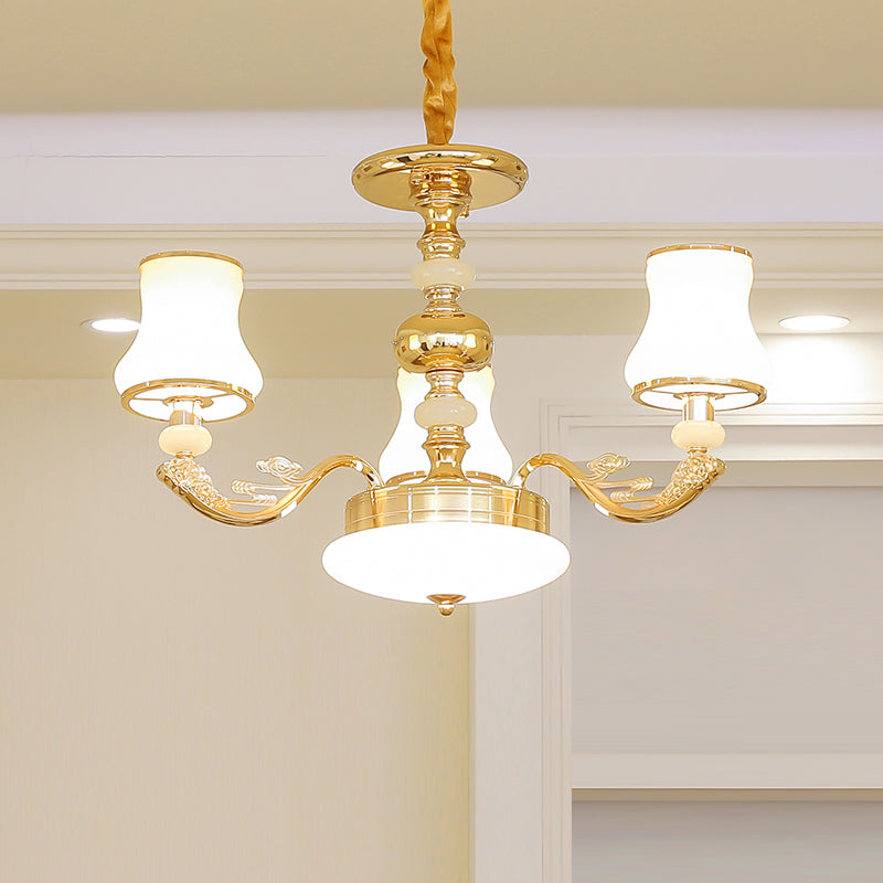 Gold Finish Ceiling Chandelier Transitional White Glass Curve Shade Pendant Lighting Clearhalo 'Ceiling Lights' 'Chandeliers' Lighting' options 2282457