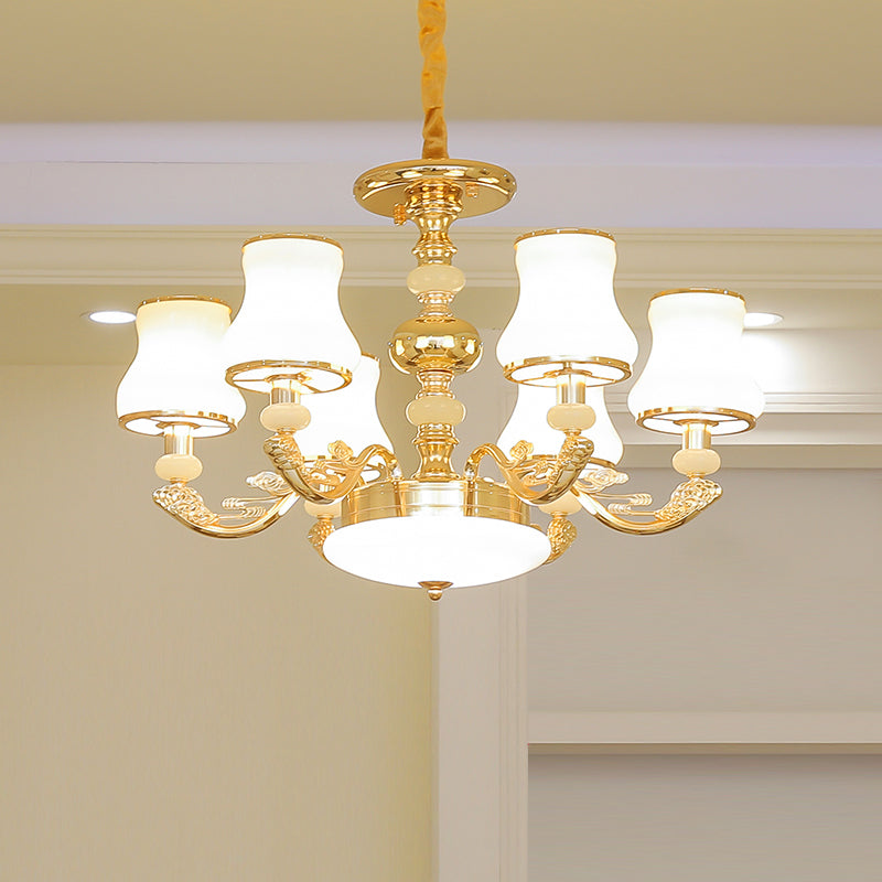 Gold Finish Ceiling Chandelier Transitional White Glass Curve Shade Pendant Lighting Clearhalo 'Ceiling Lights' 'Chandeliers' Lighting' options 2282459