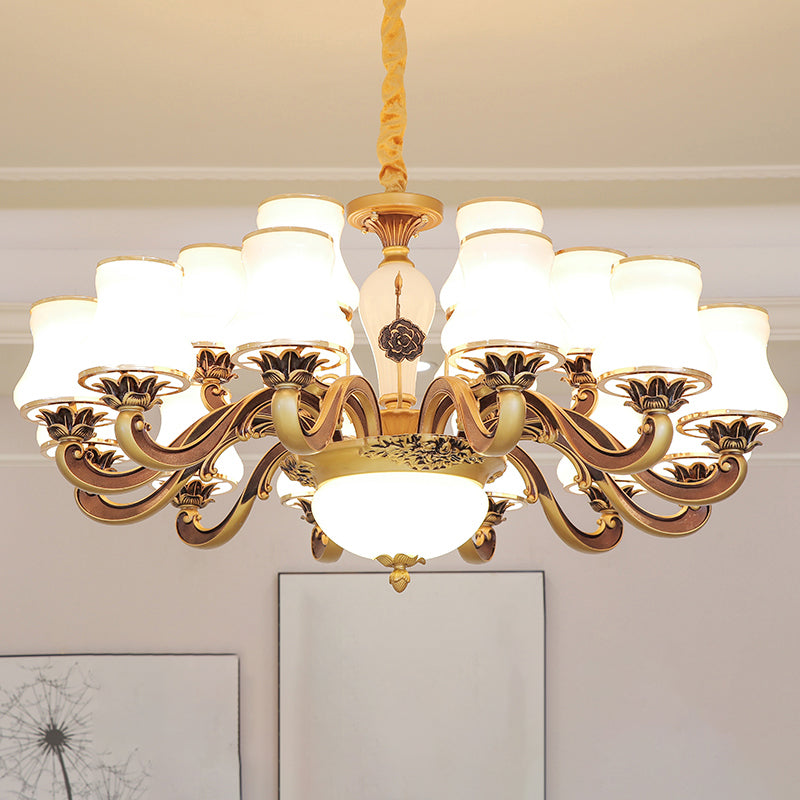 White Glass Flared Chandelier Vintage Dining Room Suspended Lighting Fixture in Brass Clearhalo 'Ceiling Lights' 'Chandeliers' Lighting' options 2282479