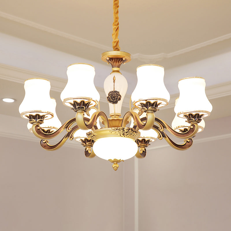 White Glass Flared Chandelier Vintage Dining Room Suspended Lighting Fixture in Brass Clearhalo 'Ceiling Lights' 'Chandeliers' Lighting' options 2282480