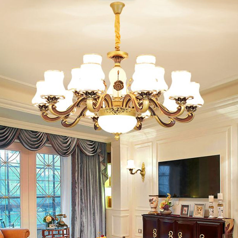 White Glass Flared Chandelier Vintage Dining Room Suspended Lighting Fixture in Brass Clearhalo 'Ceiling Lights' 'Chandeliers' Lighting' options 2282481