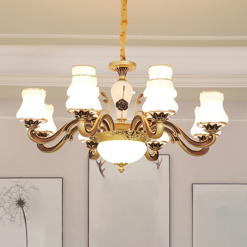 White Glass Flared Chandelier Vintage Dining Room Suspended Lighting Fixture in Brass Clearhalo 'Ceiling Lights' 'Chandeliers' Lighting' options 2282482