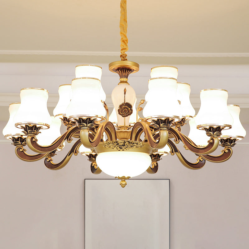 White Glass Flared Chandelier Vintage Dining Room Suspended Lighting Fixture in Brass Clearhalo 'Ceiling Lights' 'Chandeliers' Lighting' options 2282484