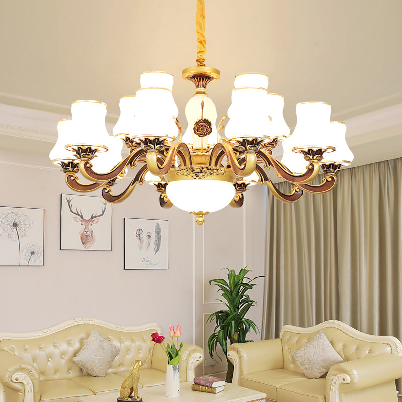 White Glass Flared Chandelier Vintage Dining Room Suspended Lighting Fixture in Brass Clearhalo 'Ceiling Lights' 'Chandeliers' Lighting' options 2282485