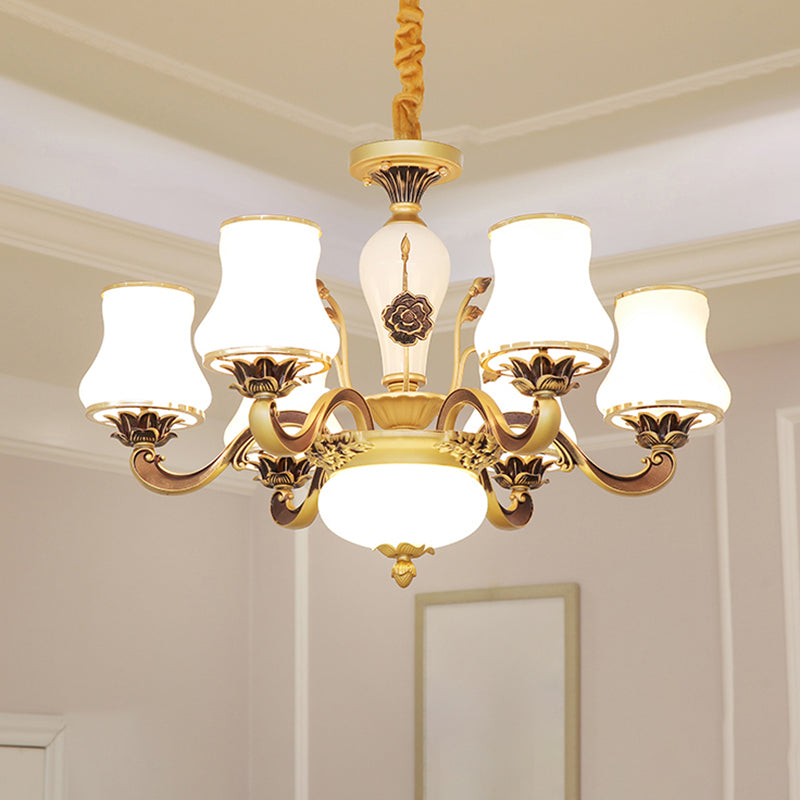 White Glass Flared Chandelier Vintage Dining Room Suspended Lighting Fixture in Brass Clearhalo 'Ceiling Lights' 'Chandeliers' Lighting' options 2282486