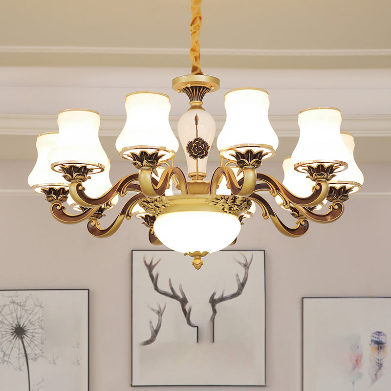 White Glass Flared Chandelier Vintage Dining Room Suspended Lighting Fixture in Brass 10 White Clearhalo 'Ceiling Lights' 'Chandeliers' Lighting' options 2282488_f000cf3f-a5bd-488c-9124-b9a96677cacd