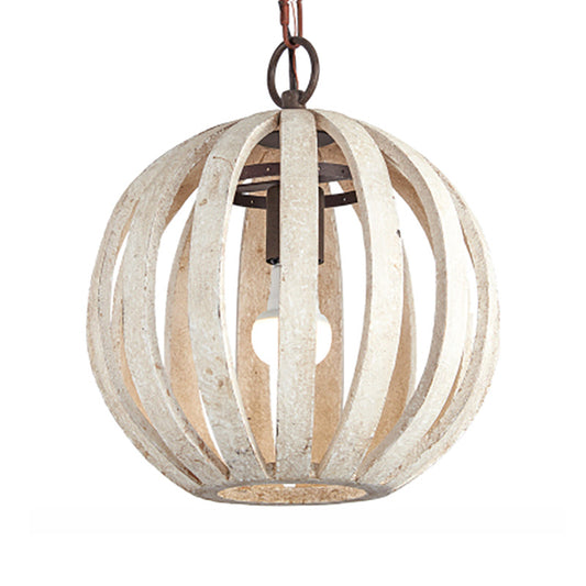 Globe Cage Wood Hanging Ceiling Light Rustic 1 Light Living Room Pendant Lamp in White Clearhalo 'Ceiling Lights' 'Pendant Lights' 'Pendants' Lighting' 228248