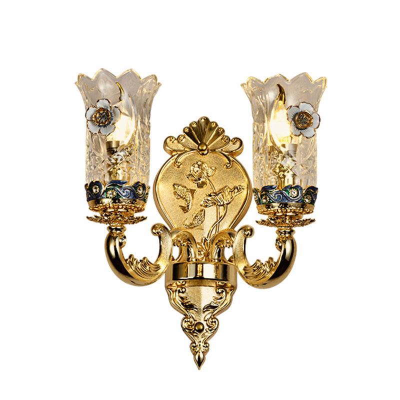 Gold Plated Sconce Lighting Antique Carved Glass Floral Wall Mount Lamp for Foyer 2.0 Gold Clearhalo 'Wall Lamps & Sconces' 'Wall Lights' Lighting' 2282506