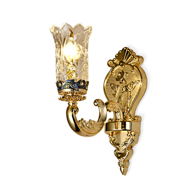 Gold Plated Sconce Lighting Antique Carved Glass Floral Wall Mount Lamp for Foyer Clearhalo 'Wall Lamps & Sconces' 'Wall Lights' Lighting' 2282508