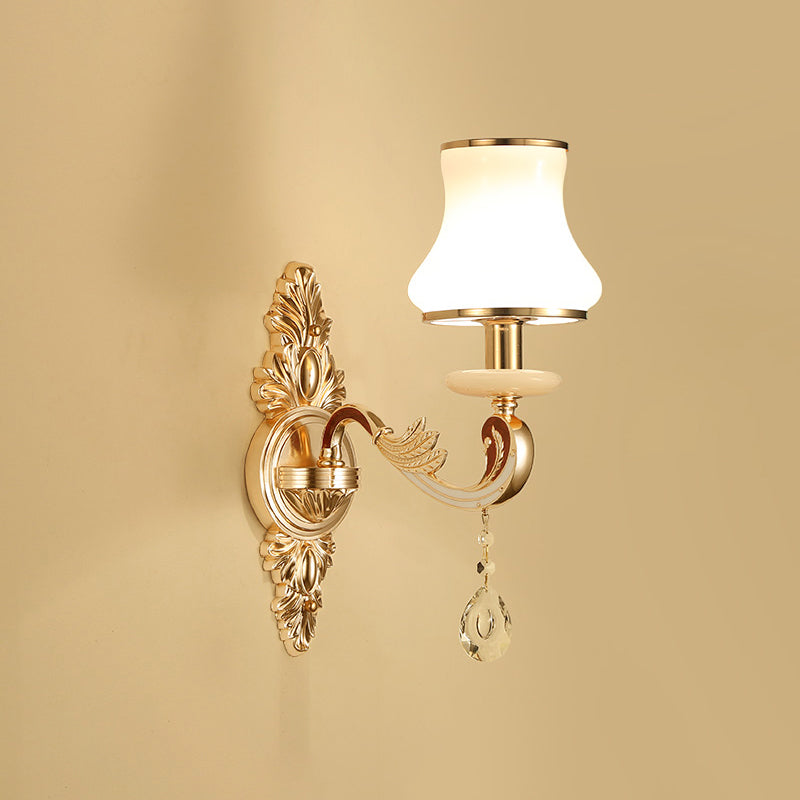 Flared Sconce Lamp Retro Style Gold Milk Glass Wall Mount Light with Crystal Droplet 1.0 Gold Clearhalo 'Wall Lamps & Sconces' 'Wall Lights' Lighting' 2282517