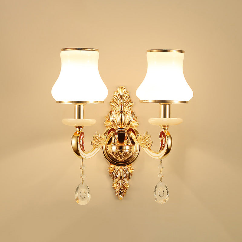 Flared Sconce Lamp Retro Style Gold Milk Glass Wall Mount Light with Crystal Droplet 2.0 Gold Clearhalo 'Wall Lamps & Sconces' 'Wall Lights' Lighting' 2282518