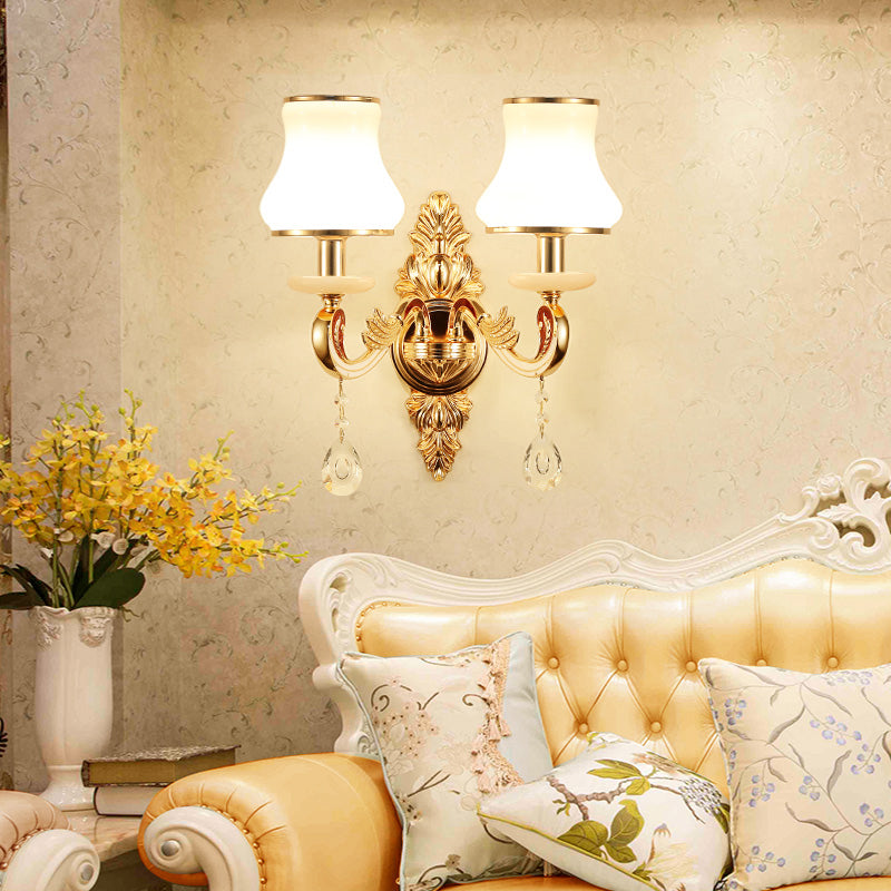 Flared Sconce Lamp Retro Style Gold Milk Glass Wall Mount Light with Crystal Droplet Clearhalo 'Wall Lamps & Sconces' 'Wall Lights' Lighting' 2282522