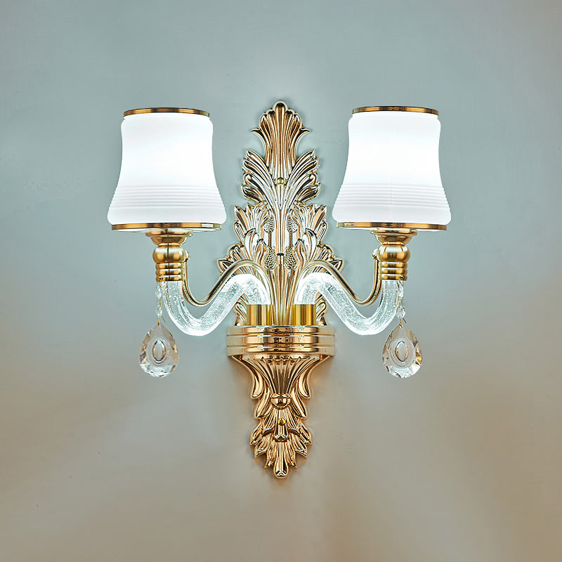 Gold Flared Wall Mount Lighting Traditional White Glass Living Room Sconce with Illuminated Arm 2.0 Gold Clearhalo 'Wall Lamps & Sconces' 'Wall Lights' Lighting' 2282524